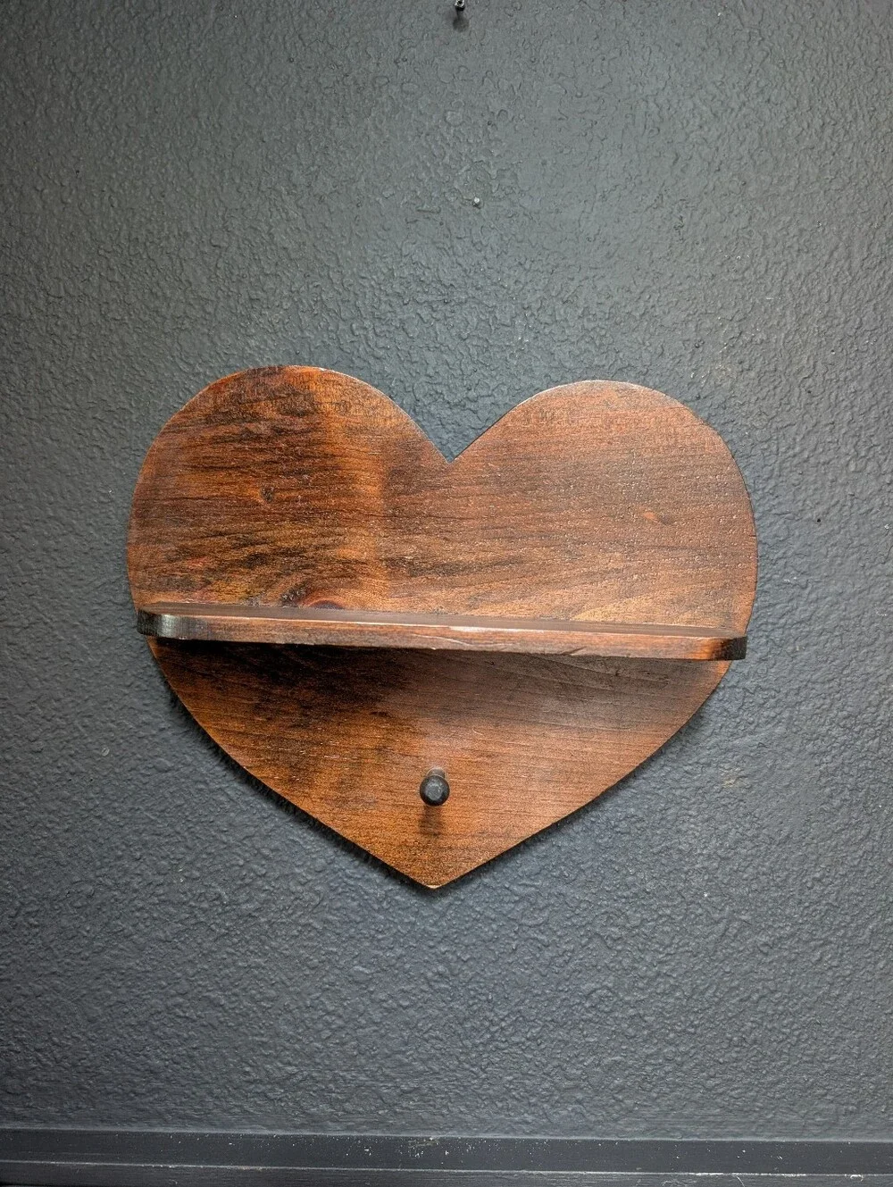 Vintage Walnut Color wooden heart-shaped wall shelf, small display ledge